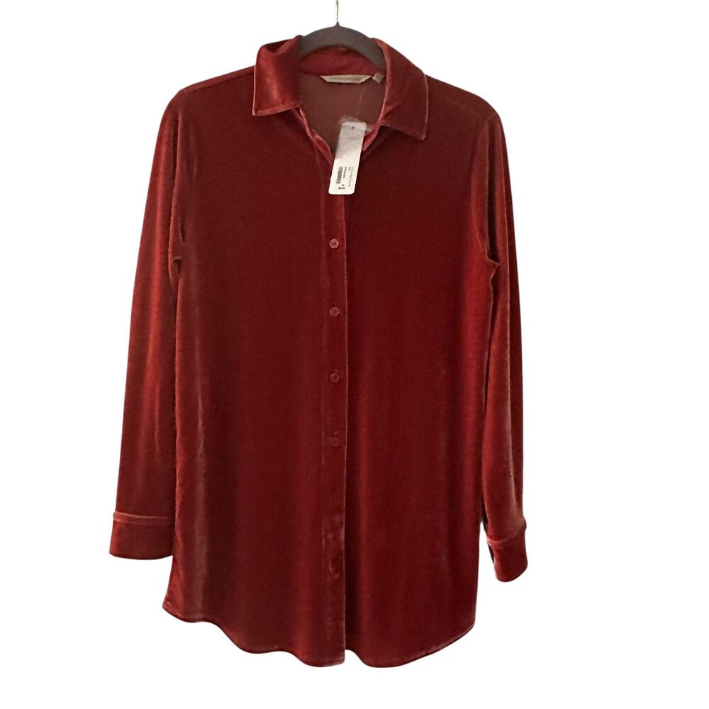 Soft Surroundings Garnet Red Velvet Boyfriend Tunic Shirt with Buttons Size XS